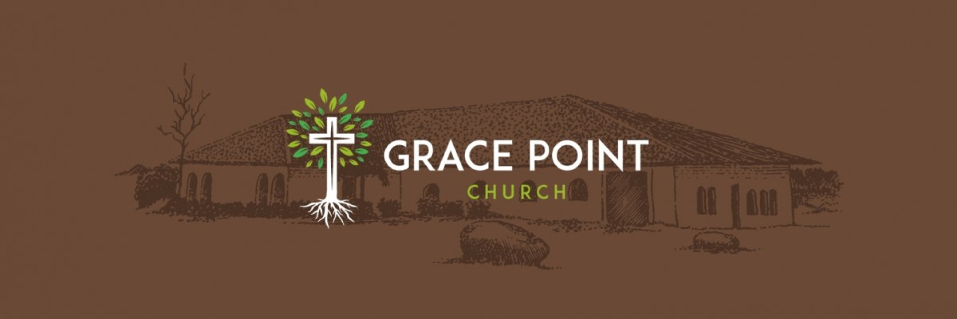 Logo of Grace Point Church featuring a cross and tree design on a brown background.