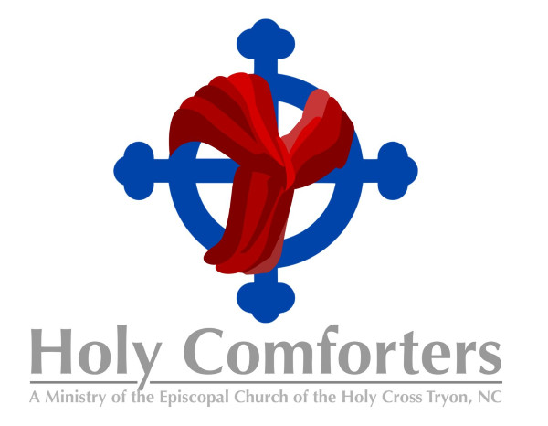 Logo of Holy Comforters, a ministry of the Episcopal Church of the Holy Cross, Tryon, NC. Red ribbon on blue cross.