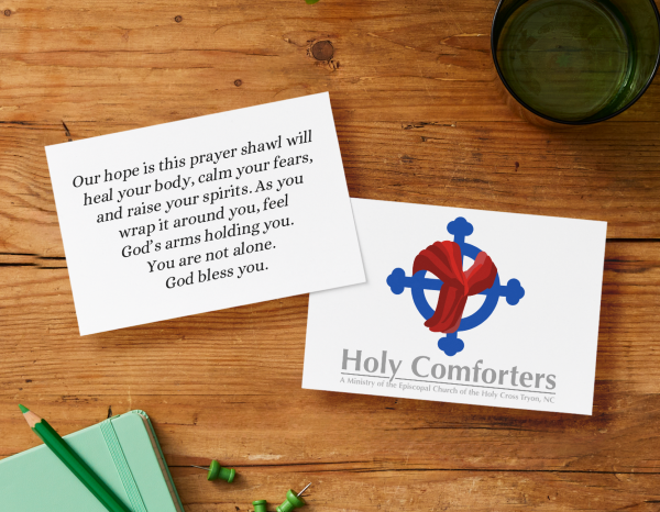 Prayer shawl message: "You are not alone. God bless you." Logo of Holy Comforters, Episcopal Church, Tyron, NC.