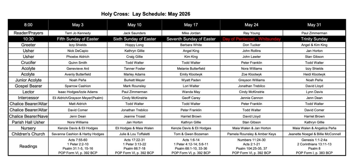 May 2026 Lay Schedule