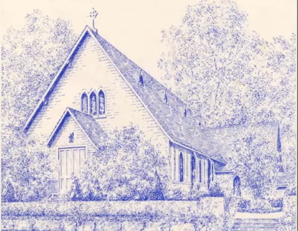 Line drawing of a church surrounded by trees, featuring a cross and pointed windows.